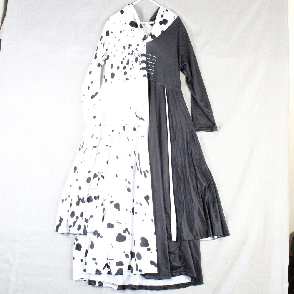 Cruella Costume Dress Wig Set Kids Size 10/12 Black White Dalmatian Goth Cosplay